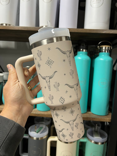 Stainless Steel Insulated 1182ml 1.18L 40OZ Quencher Large Travel Cup with Handle & Straw - Western Print