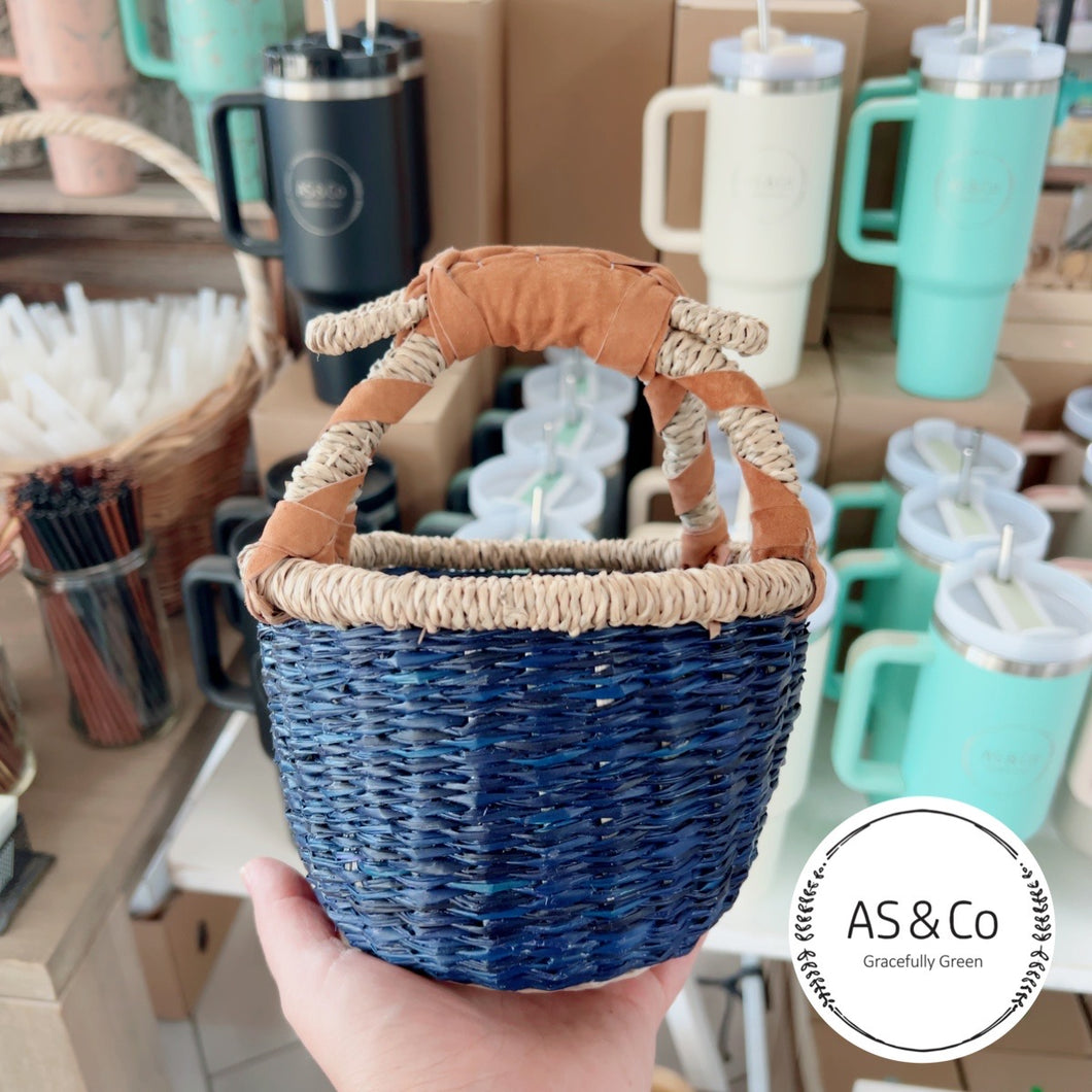 Seagrass Natural Kids Market & Easter Basket with Leather Handles - Blue
