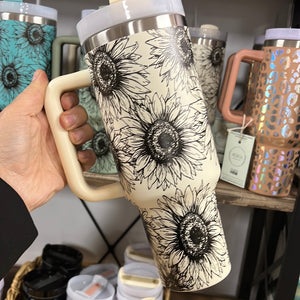 Stainless Steel Insulated 1182ml 1.18L 40OZ Quencher Large Travel Cup with Handle & Straw - Sunflower Print