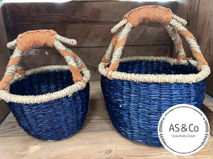 Seagrass Natural Kids Market & Easter Basket with Leather Handles - Blue