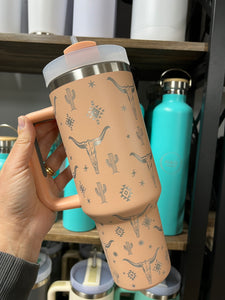 Stainless Steel Insulated 1182ml 1.18L 40OZ Quencher Large Travel Cup with Handle & Straw - Western Print