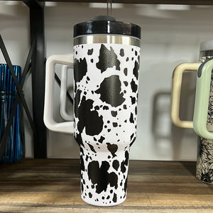 Stainless Steel Insulated 1182ml 1.18L 40OZ Quencher Large Travel Cup with Handle & Straw - Cow Print