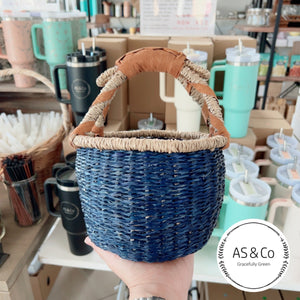 Seagrass Natural Kids Market & Easter Basket with Leather Handles - Blue