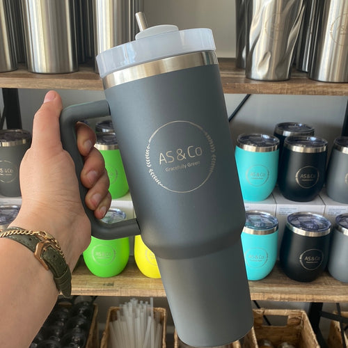 Stainless Steel Insulated 1182ml 1.18L 40OZ Quencher Large Travel Cup with Handle & Straw - Grey Powder Coated