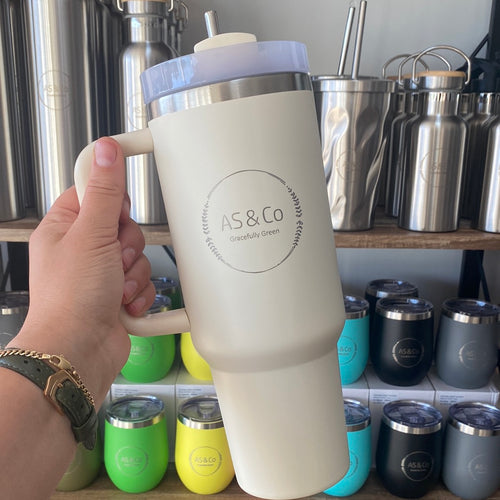 Stainless Steel Insulated 1182ml 1.18L 40OZ Quencher Large Travel Cup with Handle & Straw - Ivory Powder Coated