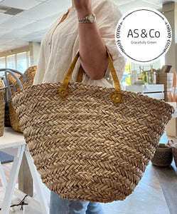Extra Large Seagrass Carry-All Basket with Short Leather Handles