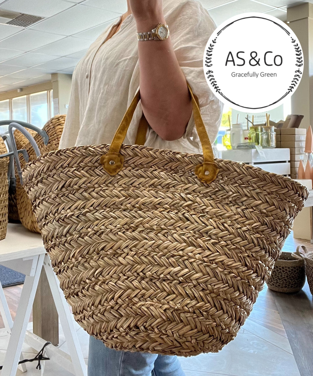 Extra Large Seagrass Carry-All Basket with Short Leather Handles