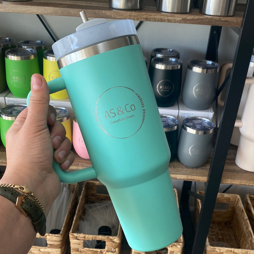 Stainless Steel Insulated 1182ml 1.18L 40OZ Quencher Large Travel Cup with Handle & Straw - Aqua Powder Coated