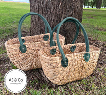 Load image into Gallery viewer, Water Hyacinth Natural Harvest Market Baskets - Green Suede Leather Handles - Large &amp; Medium