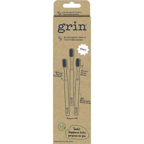 GRIN Bamboo Emoji Charcoal Infused Toothbrush Pack of 3 - Soft