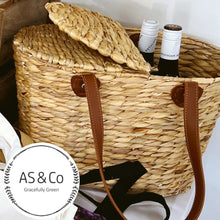 Load image into Gallery viewer, Water Hyacinth Natural Picnic Basket with Faux Leather Handles