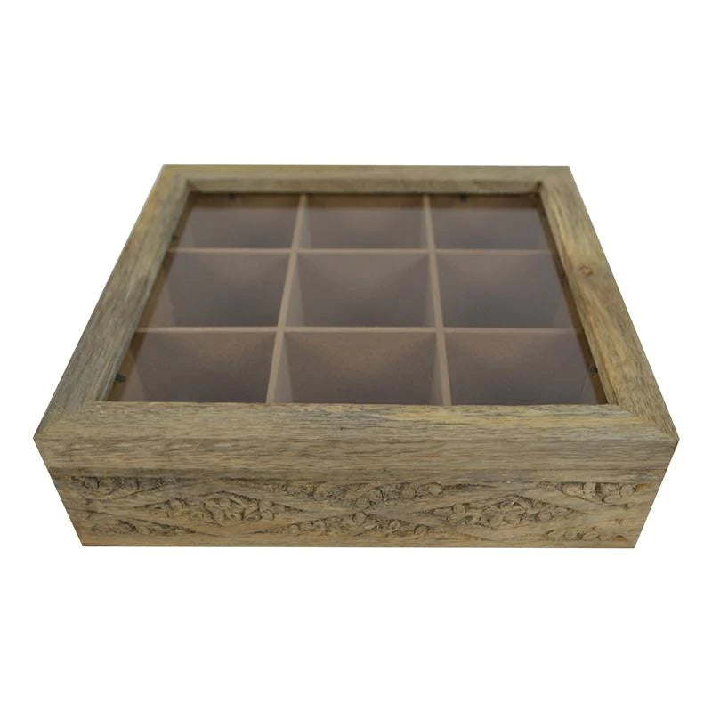 Natural Tea Storage Box 9 Compartments - Carved Mango Wood