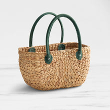Load image into Gallery viewer, Water Hyacinth Natural Harvest Market Baskets - Green Suede Leather Handles - Large &amp; Medium