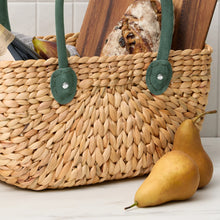 Load image into Gallery viewer, Water Hyacinth Natural Harvest Market Baskets - Green Suede Leather Handles - Large &amp; Medium