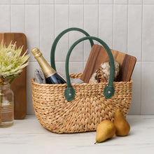 Load image into Gallery viewer, Water Hyacinth Natural Harvest Market Baskets - Green Suede Leather Handles - Large &amp; Medium