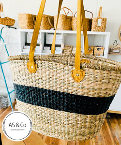 Seagrass Oval Natural Market Harvest Basket Black Stripe with Leather Handles