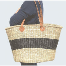 Load image into Gallery viewer, Seagrass Oval Natural Market Harvest Basket Black Stripe with Leather Handles
