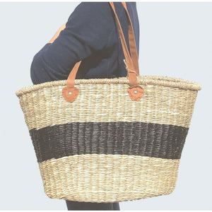 Seagrass Oval Natural Market Harvest Basket Black Stripe with Leather Handles