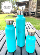 Load image into Gallery viewer, Stainless Steel Insulated 350ml Drink Bottle with Bamboo Top Screw Lid - Aqua Powder Coated