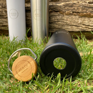 Stainless Steel Insulated 350ml Drink Bottle with Bamboo Top Screw Lid - Black Powder Coated