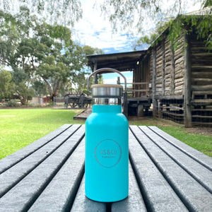 Stainless Steel Insulated 350ml Drink Bottle with Bamboo Top Screw Lid - Aqua Powder Coated