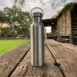 Stainless Steel Insulated 600ml Drink Bottle with Bamboo Top Screw Lid - Silver Unpainted