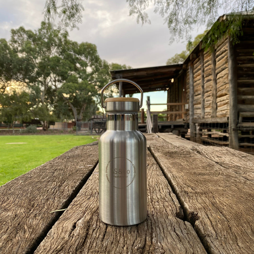 Stainless Steel Insulated 350ml Drink Bottle with Bamboo Top Screw Lid - Silver Unpainted