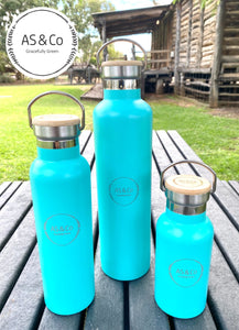 Stainless Steel Insulated 1000ml 1L Drink Bottle with Bamboo Top Screw Lid - Aqua Powder Coated