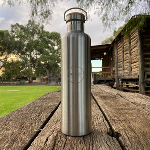Stainless Steel Insulated 1000ml 1L Drink Bottle with Bamboo Top Screw Lid - Silver Unpainted