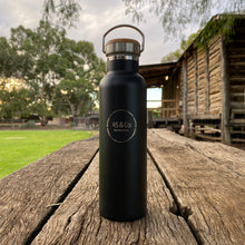 Load image into Gallery viewer, Stainless Steel Insulated 600ml Drink Bottle with Bamboo Top Screw Lid - Black Powder Coated