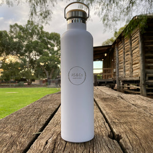 Stainless Steel Insulated 1000ml 1L Drink Bottle with Bamboo Top Screw Lid - White Powder Coated