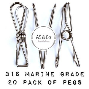 Stainless Steel Wire Clothes & Multipurpose Pegs 20 Pack – 316 Marine Grade S/S