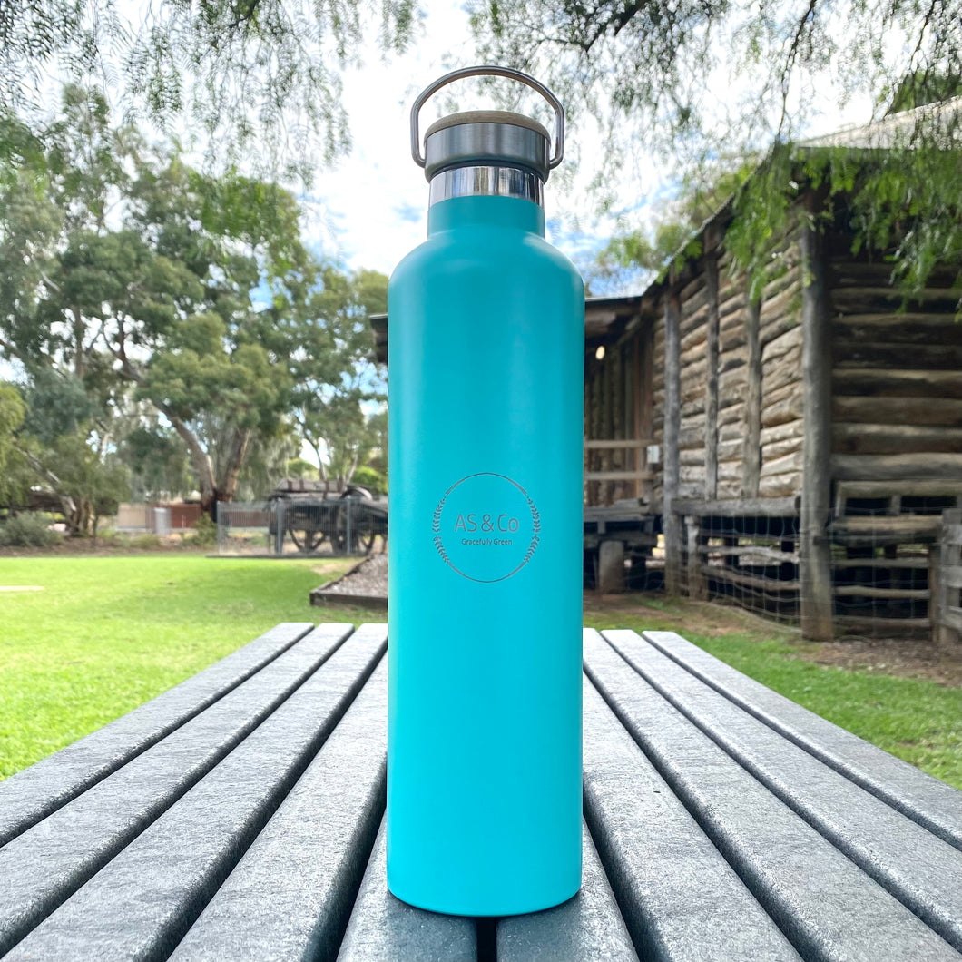 Stainless Steel Insulated 1000ml 1L Drink Bottle with Bamboo Top Screw Lid - Aqua Powder Coated