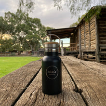 Load image into Gallery viewer, Stainless Steel Insulated 350ml Drink Bottle with Bamboo Top Screw Lid - Black Powder Coated