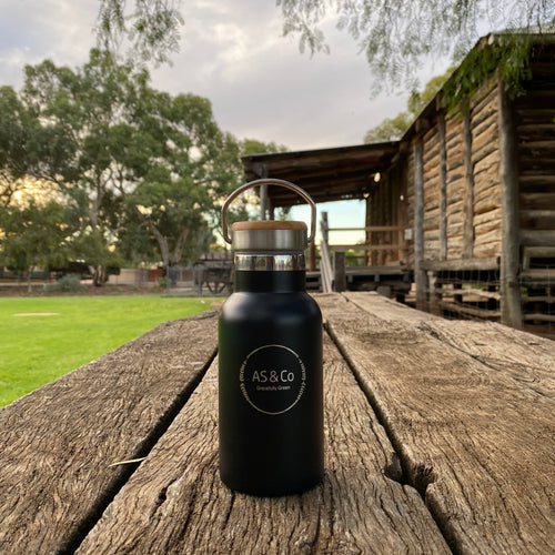 Stainless Steel Insulated 350ml Drink Bottle with Bamboo Top Screw Lid - Black Powder Coated