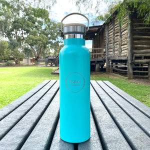 Stainless Steel Insulated 600ml Drink Bottle with Bamboo Top Screw Lid - Aqua Powder Coated