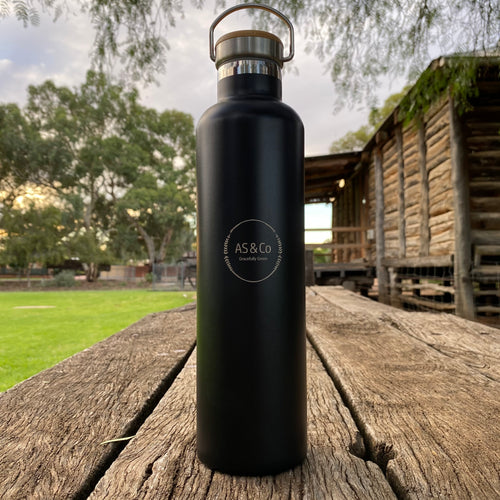 Stainless Steel Insulated 1000ml 1L Drink Bottle with Bamboo Top Screw Lid - Black Powder Coated